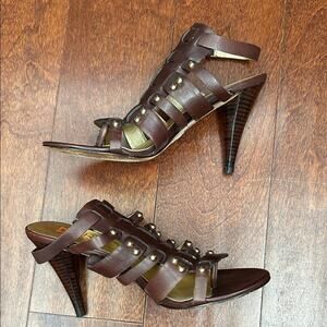 Michael Kors Dareh Leather Heeled Sandals in Chocolate Shine Vacchetta, Size 8